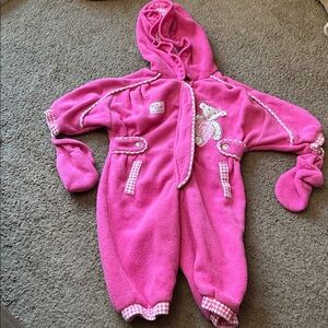 Vintage Baby Bgosh Pink Hooded Baby Onesie with Bear Design